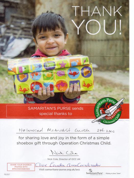 Samaritan's Purse Certificate for 294 boxes in 2017